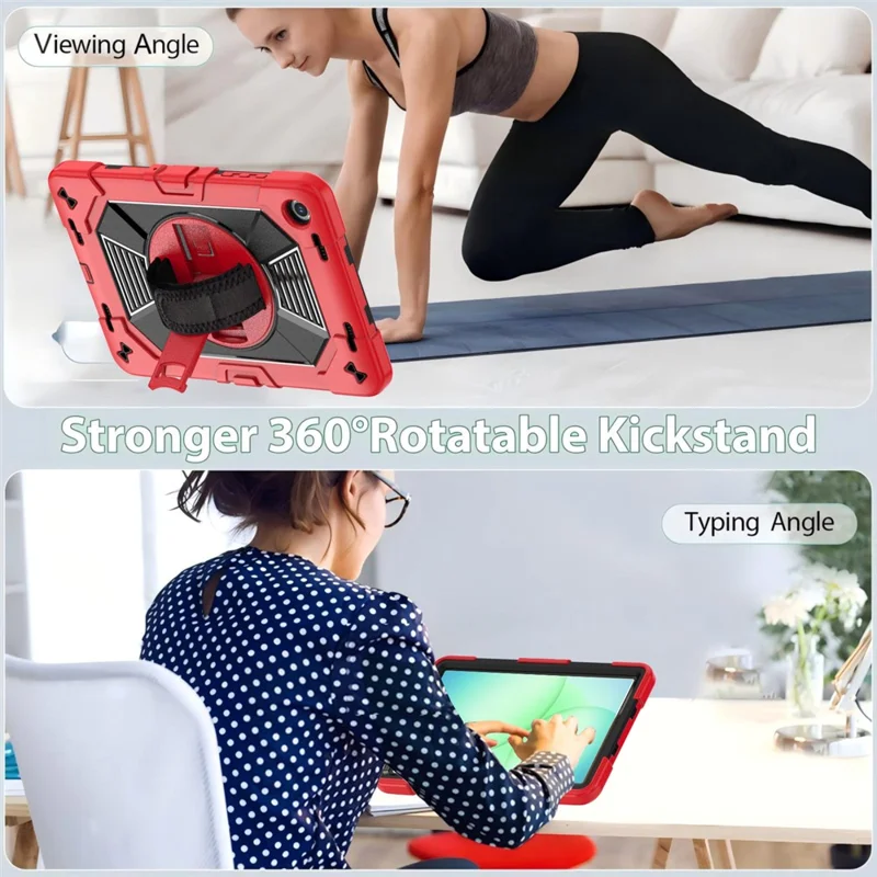 For Samsung Galaxy Tab A11+ / Tab A9+ Case Kickstand PC + Silicone Shockproof Cover with Hand Strap / Shoulder Strap - Red+Black