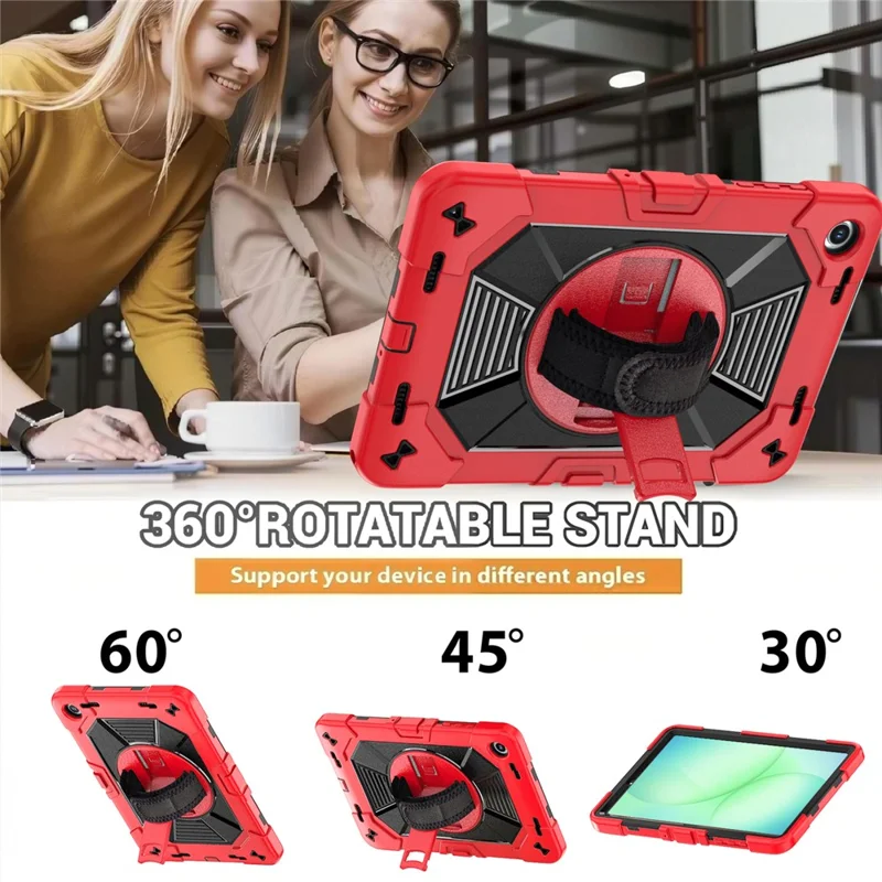 For Samsung Galaxy Tab A11+ / Tab A9+ Case Kickstand PC + Silicone Shockproof Cover with Hand Strap / Shoulder Strap - Red+Black