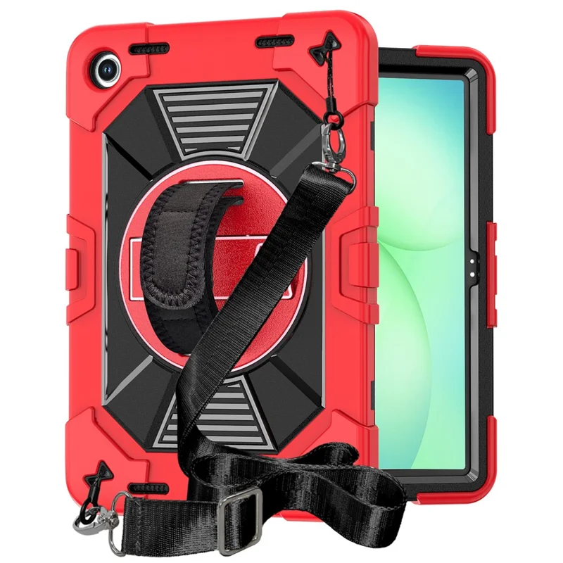 For Samsung Galaxy Tab A11+ / Tab A9+ Case Kickstand PC + Silicone Shockproof Cover with Hand Strap / Shoulder Strap - Red+Black