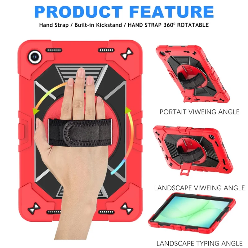 For Samsung Galaxy Tab A11+ / Tab A9+ Case Kickstand PC + Silicone Shockproof Cover with Hand Strap / Shoulder Strap - Red+Black