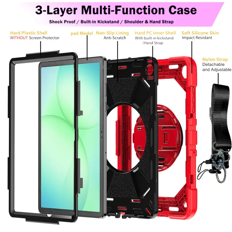 For Samsung Galaxy Tab A11+ / Tab A9+ Case Kickstand PC + Silicone Shockproof Cover with Hand Strap / Shoulder Strap - Red+Black