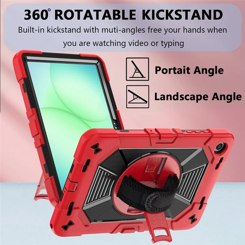 For Samsung Galaxy Tab A11+ / Tab A9+ Case Kickstand PC + Silicone Shockproof Cover with Hand Strap / Shoulder Strap - Red+Black
