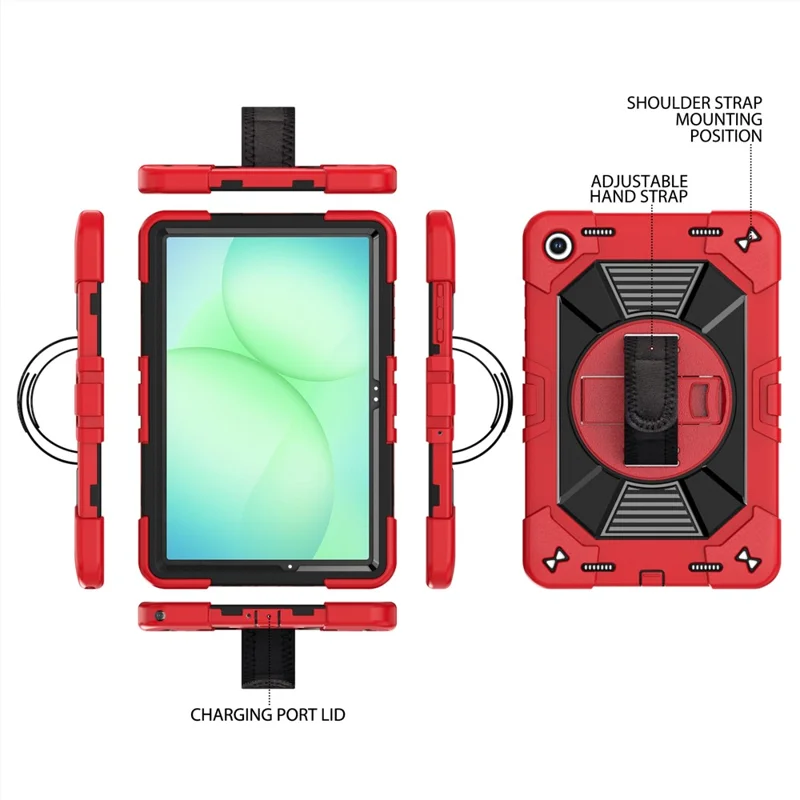 For Samsung Galaxy Tab A11+ / Tab A9+ Case Kickstand PC + Silicone Shockproof Cover with Hand Strap / Shoulder Strap - Red+Black