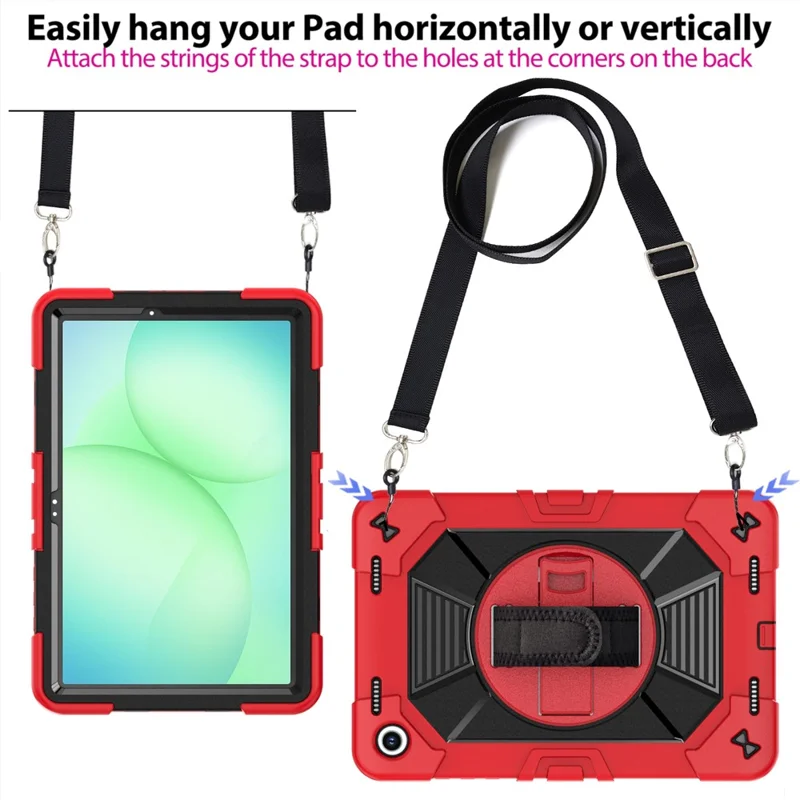 For Samsung Galaxy Tab A11+ / Tab A9+ Case Kickstand PC + Silicone Shockproof Cover with Hand Strap / Shoulder Strap - Red+Black