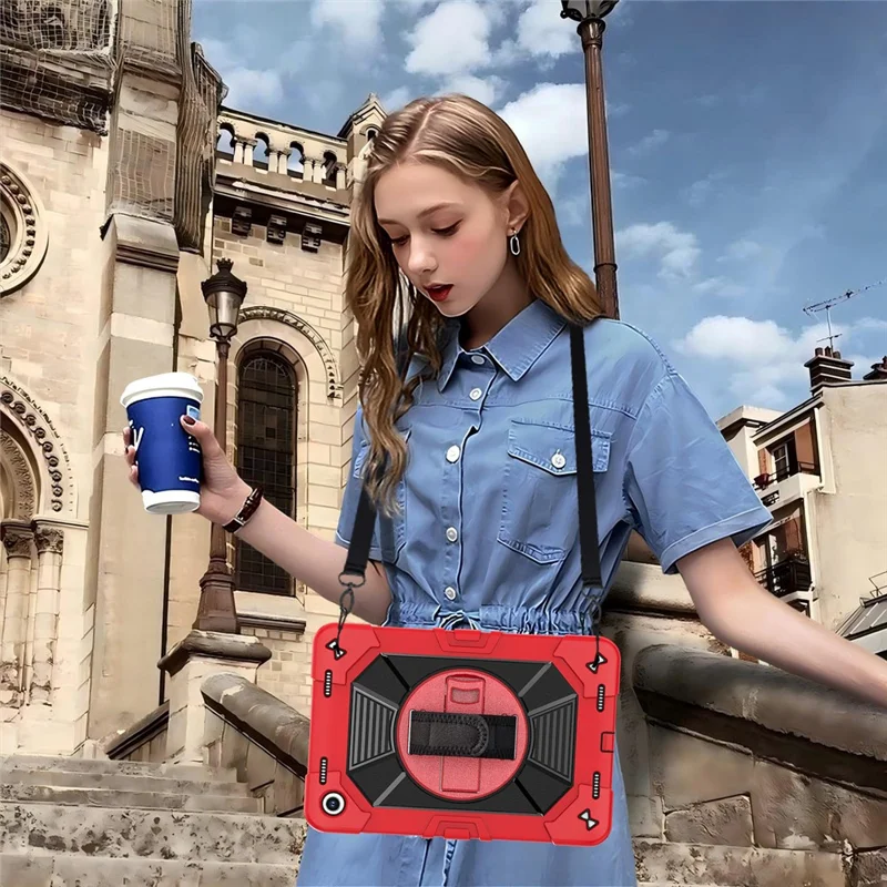 For Samsung Galaxy Tab A11+ / Tab A9+ Case Kickstand PC + Silicone Shockproof Cover with Hand Strap / Shoulder Strap - Red+Black