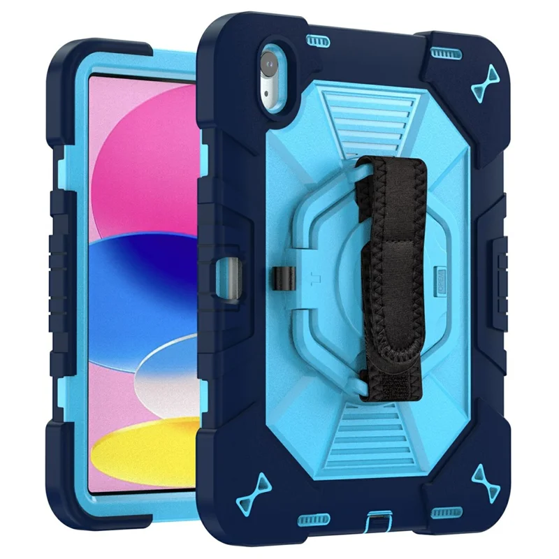 Funda para iPad (2025) / iPad 10.9 (2022) con soporte giratorio PC + silicona con correa de hombro / soporte para lápiz - Azul marino + Azul cielo