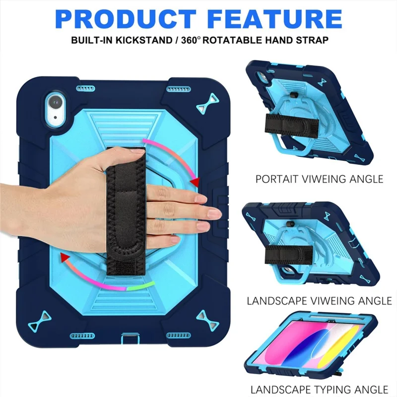 Funda para iPad (2025) / iPad 10.9 (2022) con soporte giratorio PC + silicona con correa de hombro / soporte para lápiz - Azul marino + Azul cielo