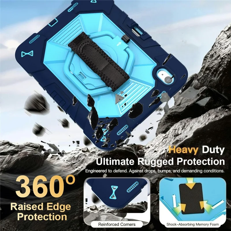 Funda para iPad (2025) / iPad 10.9 (2022) con soporte giratorio PC + silicona con correa de hombro / soporte para lápiz - Azul marino + Azul cielo