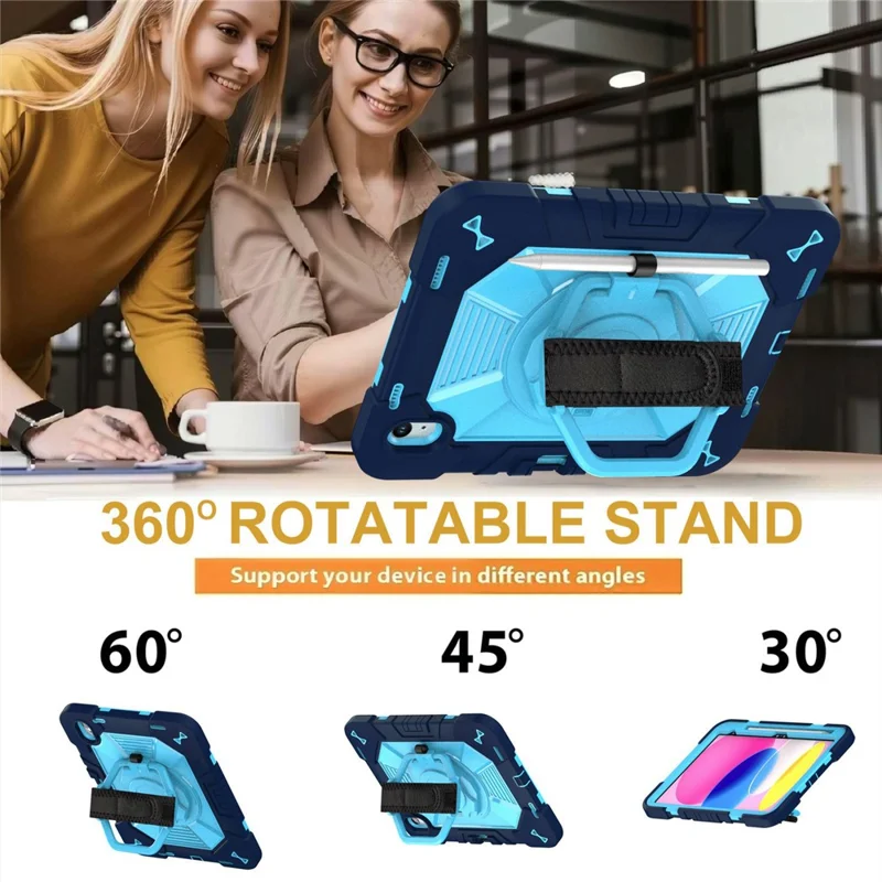 Funda para iPad (2025) / iPad 10.9 (2022) con soporte giratorio PC + silicona con correa de hombro / soporte para lápiz - Azul marino + Azul cielo