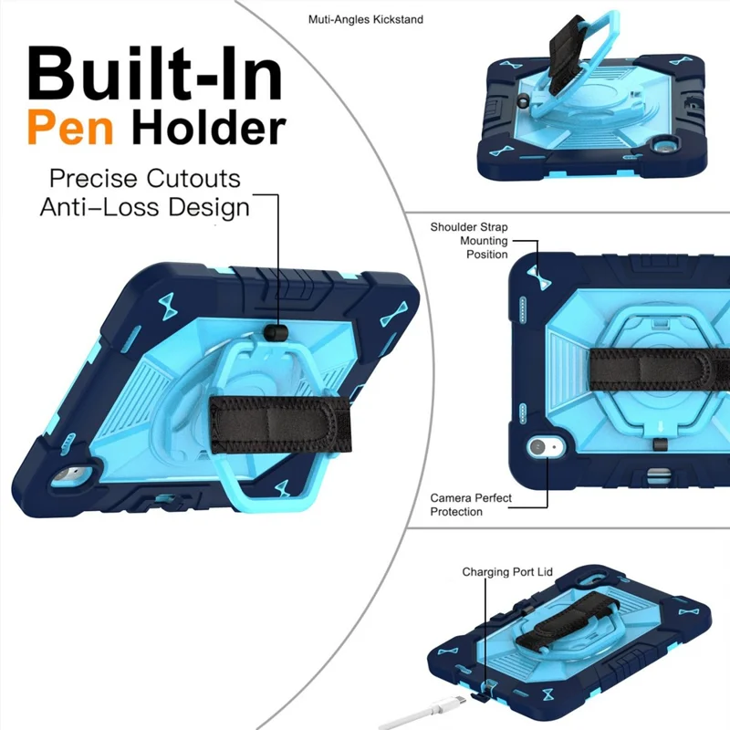Funda para iPad (2025) / iPad 10.9 (2022) con soporte giratorio PC + silicona con correa de hombro / soporte para lápiz - Azul marino + Azul cielo