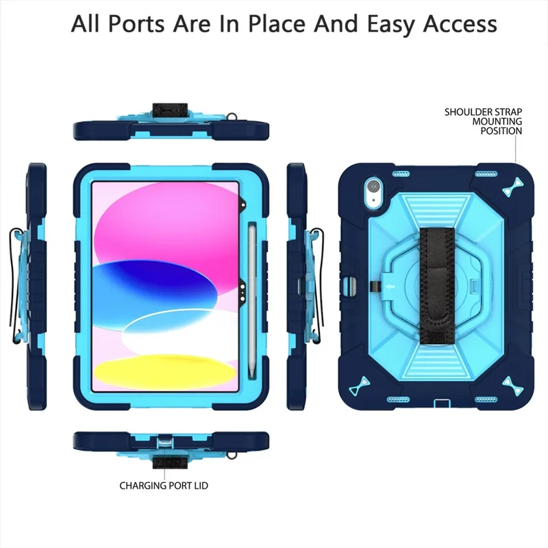 Funda para iPad (2025) / iPad 10.9 (2022) con soporte giratorio PC + silicona con correa de hombro / soporte para lápiz - Azul marino + Azul cielo