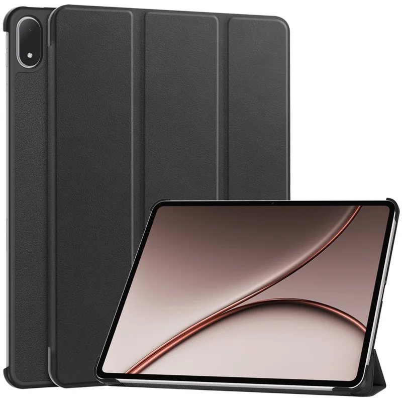 For Oppo Pad 5 Pro / OnePlus Pad 4 PU Leather Tablet Case Anti-drop Tri-Fold Stand Slim Protective Cover - Black