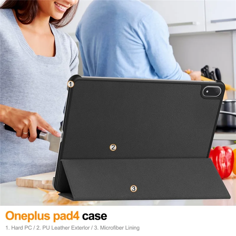 For Oppo Pad 5 Pro / OnePlus Pad 4 PU Leather Tablet Case Anti-drop Tri-Fold Stand Slim Protective Cover - Black