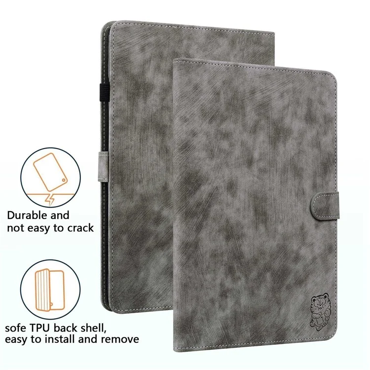 For iPad Air (2020) / (2022)  /  Pro 11 (2018) / (2020) / (2021) / (2022) Anti-Fall Case Cute Tiger Pattern Imprinted TPU+PU Leather Cover with Stand / Card Slot, Auto Wake / Sleep Tablet Case - Grey