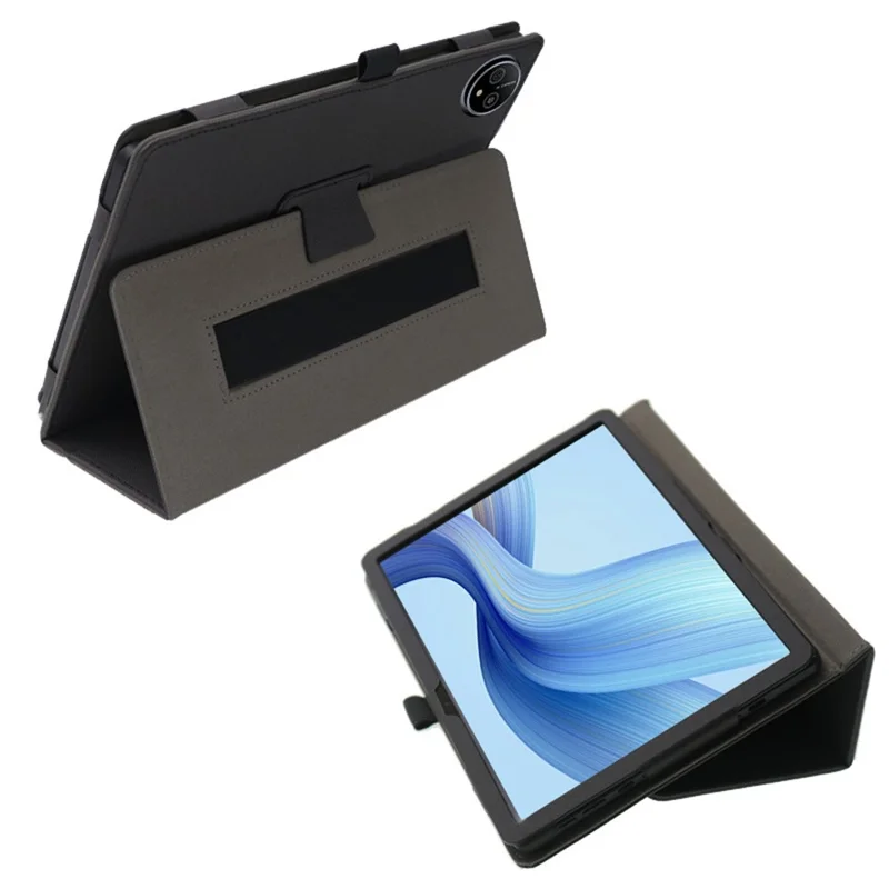 For Ulefone Tab A11 Case Stand PU Leather Tablet Cover Built-in Hand Strap - Black