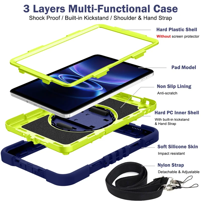For Xiaomi Redmi Pad 2 SE / Pad 2 9.7 Case Silicone + PC Kickstand Tablet Cover with Shoulder Strap - Navy Blue + Green