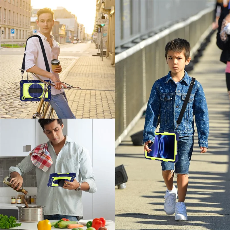 For Xiaomi Redmi Pad 2 SE / Pad 2 9.7 Case Silicone + PC Kickstand Tablet Cover with Shoulder Strap - Navy Blue + Green
