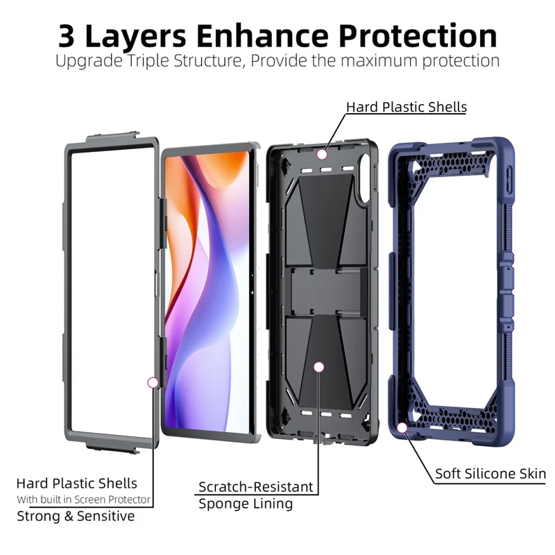 For Xiaomi Redmi Pad 2 Pro Tablet Case with Kickstand PC + Silicone Shockproof Protective Cover - Navy Blue+Black