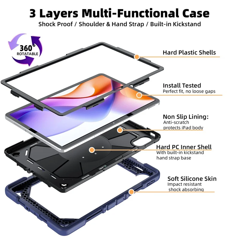 For Xiaomi Redmi Pad 2 Pro Case with Kickstand Wrist Strap PC + Silicone Tablet Cover - Navy Blue+Black
