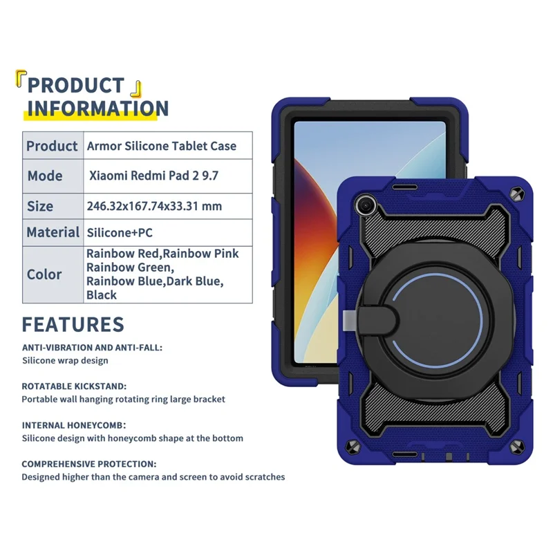 For Xiaomi Redmi Pad 2 9.7 Kickstand Case Silicone Shockproof Rugged Tablet Cover - Navy Blue