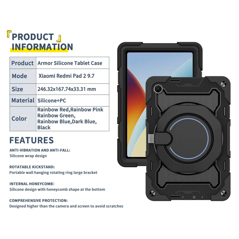 For Xiaomi Redmi Pad 2 9.7 Kickstand Case Silicone Shockproof Rugged Tablet Cover - Black