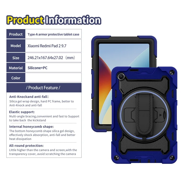 For Xiaomi Redmi Pad 2 9.7 Case Kickstand Hand Strap PC + Silicone Tablet Cover - Navy Blue