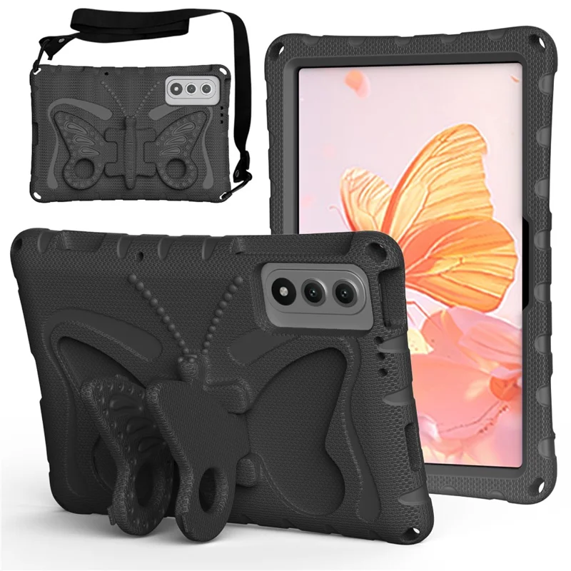 For Lenovo Yoga Tab 11.1 / TECNO Megapad SE Case Butterfly Kickstand EVA Tablet Cover with Shoulder Strap - Black