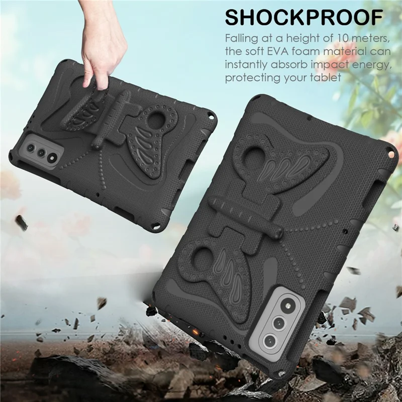 For Lenovo Yoga Tab 11.1 / TECNO Megapad SE Case Butterfly Kickstand EVA Tablet Cover with Shoulder Strap - Black