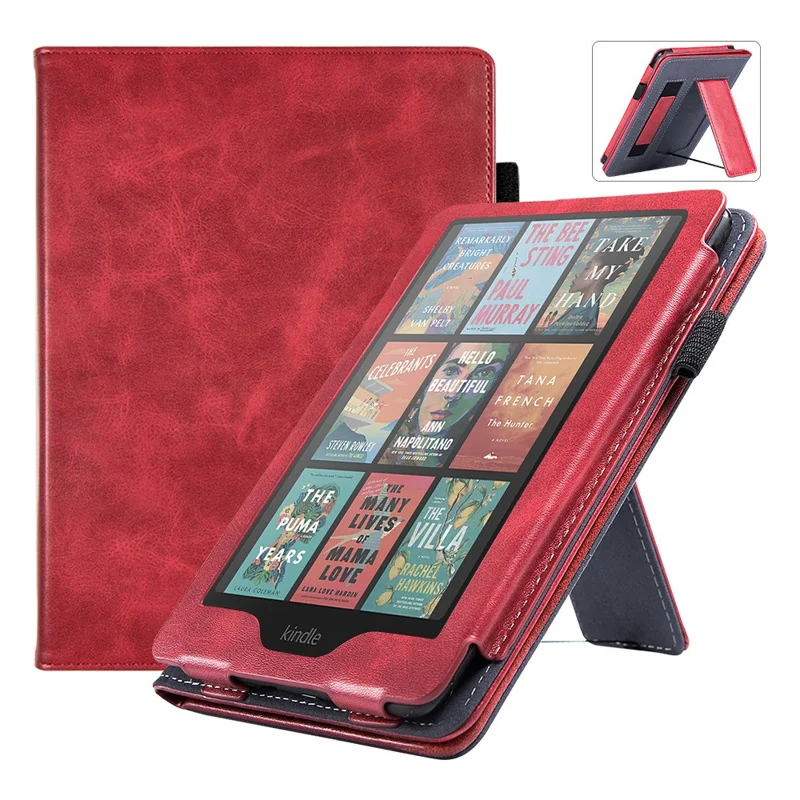 For Amazon Kindle Paperwhite (2024) / Kindle Colorsoft Case Kickstand PU Leather E-Reader Cover with Hand Strap - Red