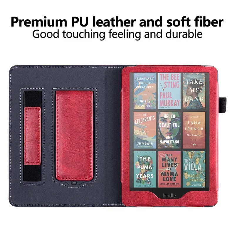 For Amazon Kindle Paperwhite (2024) / Kindle Colorsoft Case Kickstand PU Leather E-Reader Cover with Hand Strap - Red