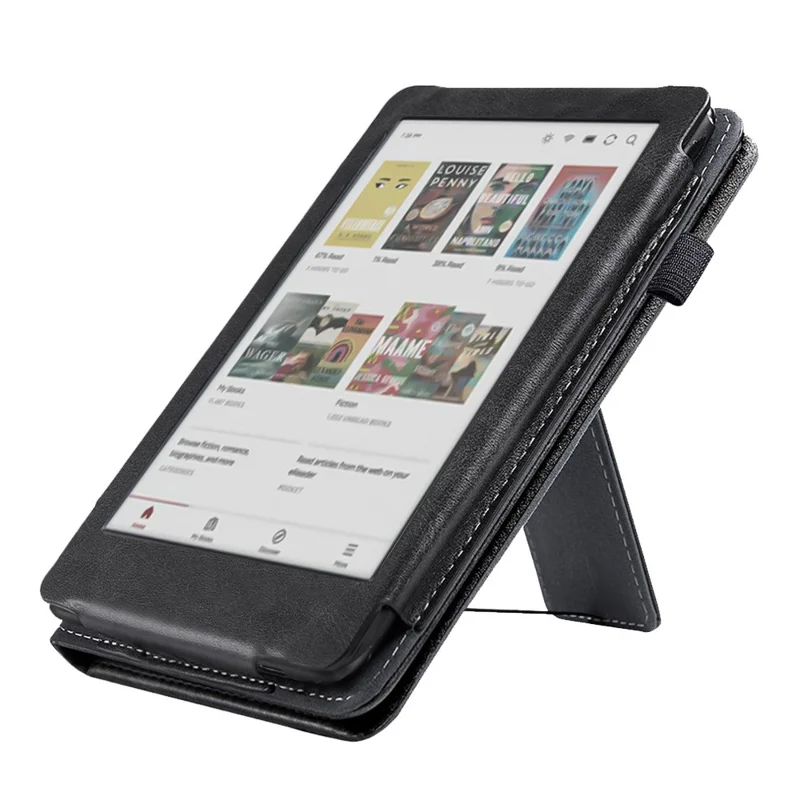 For Kobo Clara Colour / Clara BW Case Kickstand PU Leather E-Reader Cover with Hand Strap - Black