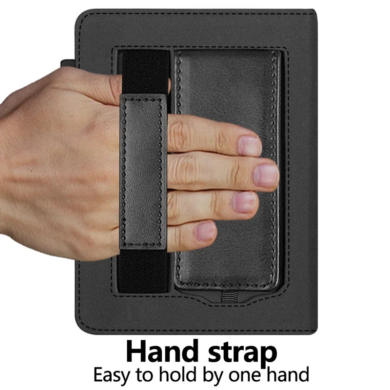 For Kobo Clara Colour / Clara BW Case Kickstand PU Leather E-Reader Cover with Hand Strap - Black
