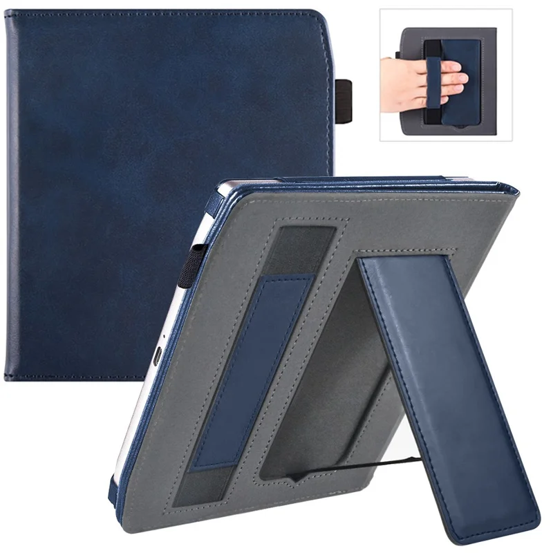 For PocketBook Era (2022) / Era Color Case Kickstand PU Leather E-Reader Cover with Hand Strap - Blue