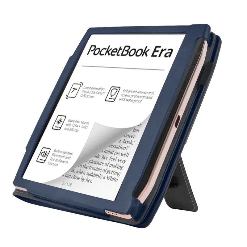 For PocketBook Era (2022) / Era Color Case Kickstand PU Leather E-Reader Cover with Hand Strap - Blue