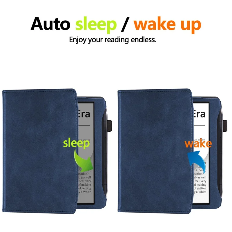 For PocketBook Era (2022) / Era Color Case Kickstand PU Leather E-Reader Cover with Hand Strap - Blue