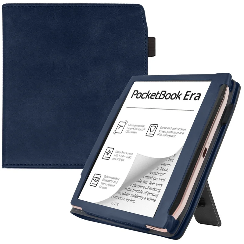 For PocketBook Era (2022) / Era Color Case Kickstand PU Leather E-Reader Cover with Hand Strap - Blue