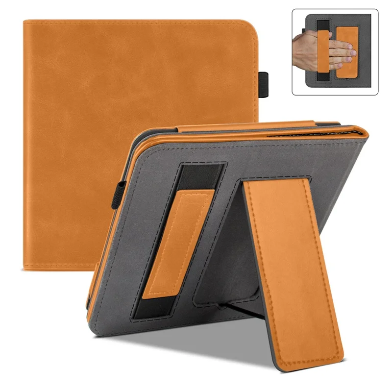 For Kobo Libra Colour Case Kickstand PU Leather E-Reader Cover with Hand Strap - Brown