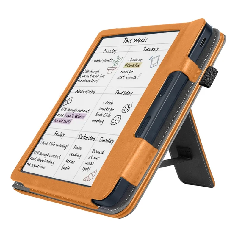 For Kobo Libra Colour Case Kickstand PU Leather E-Reader Cover with Hand Strap - Brown