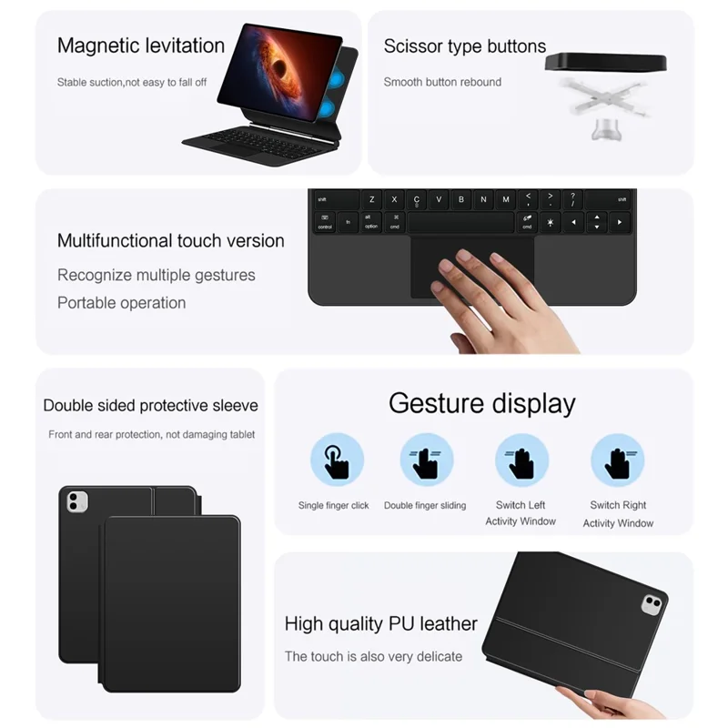 For Honor MagicPad 3 Pro 12.3 Magnetic Floating Bluetooth-Compatible Keyboard (English) + Leather Tablet Case - Black