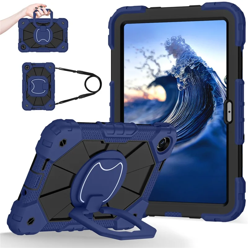 غطاء لجهاز Xiaomi Redmi Pad 2 SE من السيليكون + البولي كربونات مع مقبض يد وحوامل قابلة للدوران 360 درجة وحزام كتف - أزرق بحري + أسود