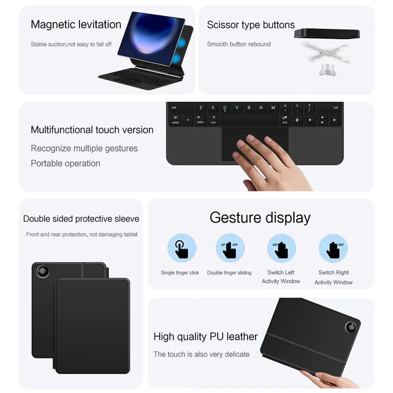 For Huawei MatePad Pro Max Magnetic Floating Bluetooth-Compatible Keyboard (English) + Leather Tablet Case - Black