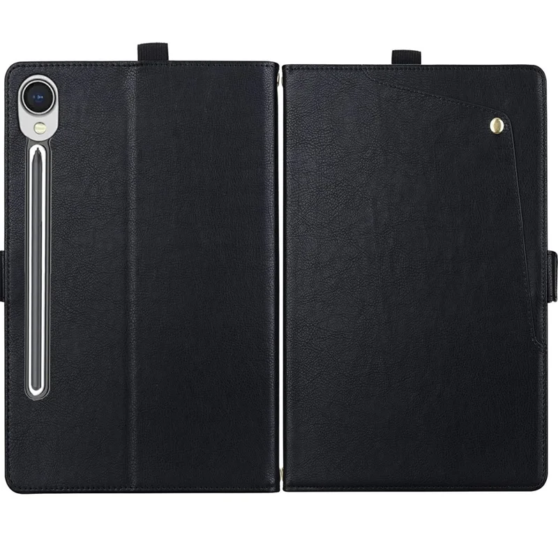 Funda de cuero para tablet Samsung Galaxy Tab S9 FE / Tab S10 FE / Tab S10 Lite con bolsillo delantero, soporte y ranura para tarjetas - Negro