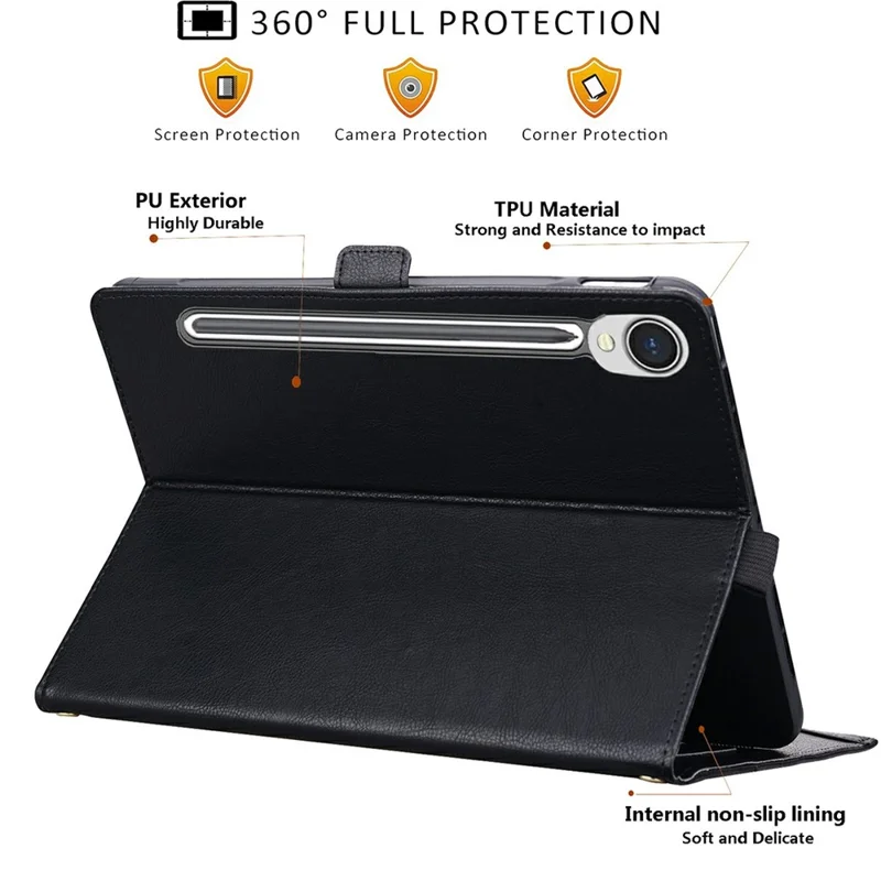 Funda de cuero para tablet Samsung Galaxy Tab S9 FE / Tab S10 FE / Tab S10 Lite con bolsillo delantero, soporte y ranura para tarjetas - Negro