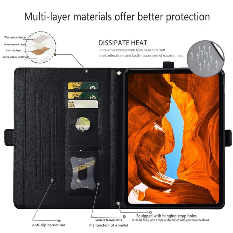 Fodral för Honor MagicPad 4 / MagicPad 3 Pro 12,3 tum med framficka, affärsläder, ställfunktion och kortficka - Svart