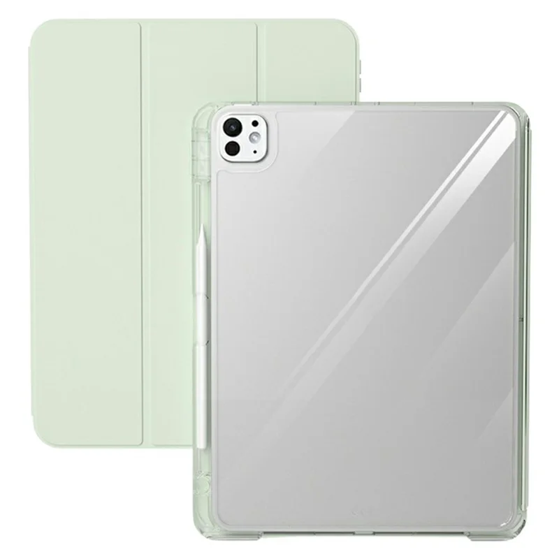 For iPad Pro 11 (2024)  /  Pro 11 (2025) Case TPU + PC Pen Slot Clear Tablet Cover with Detachable Flip Cover Stand - Green
