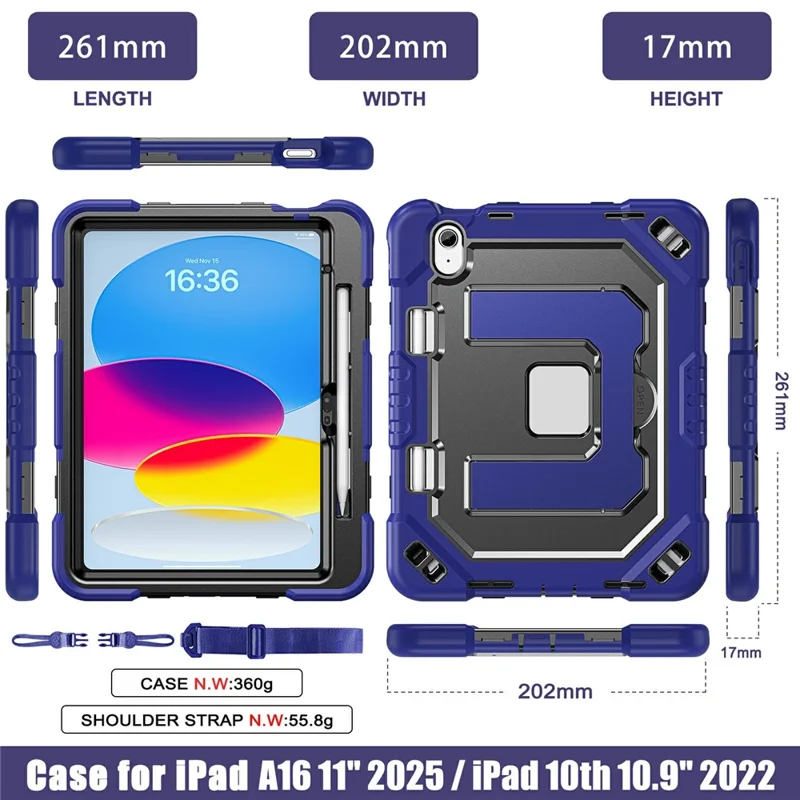 For iPad (2025) / iPad 10.9 (2022) Case Kickstand PC + TPU + Silicone Tablet Cover with Pen Holder - Navy Blue+Black