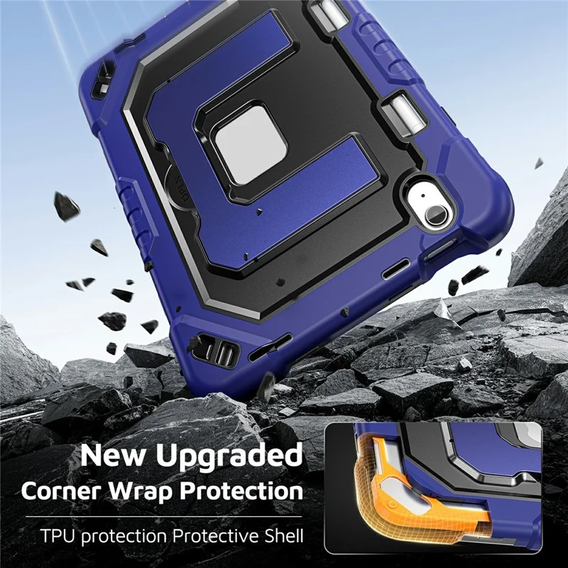 For iPad (2025) / iPad 10.9 (2022) Case Kickstand PC + TPU + Silicone Tablet Cover with Pen Holder - Navy Blue+Black