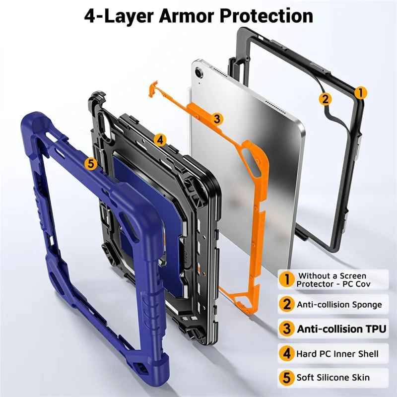 For iPad (2025) / iPad 10.9 (2022) Case Kickstand PC + TPU + Silicone Tablet Cover with Pen Holder - Navy Blue+Black