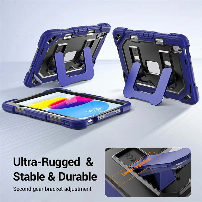 For iPad (2025) / iPad 10.9 (2022) Case Shockproof PC + TPU + Silicone Protective Cover with Shoulder Strap / Pen Holder - Navy Blue+Black