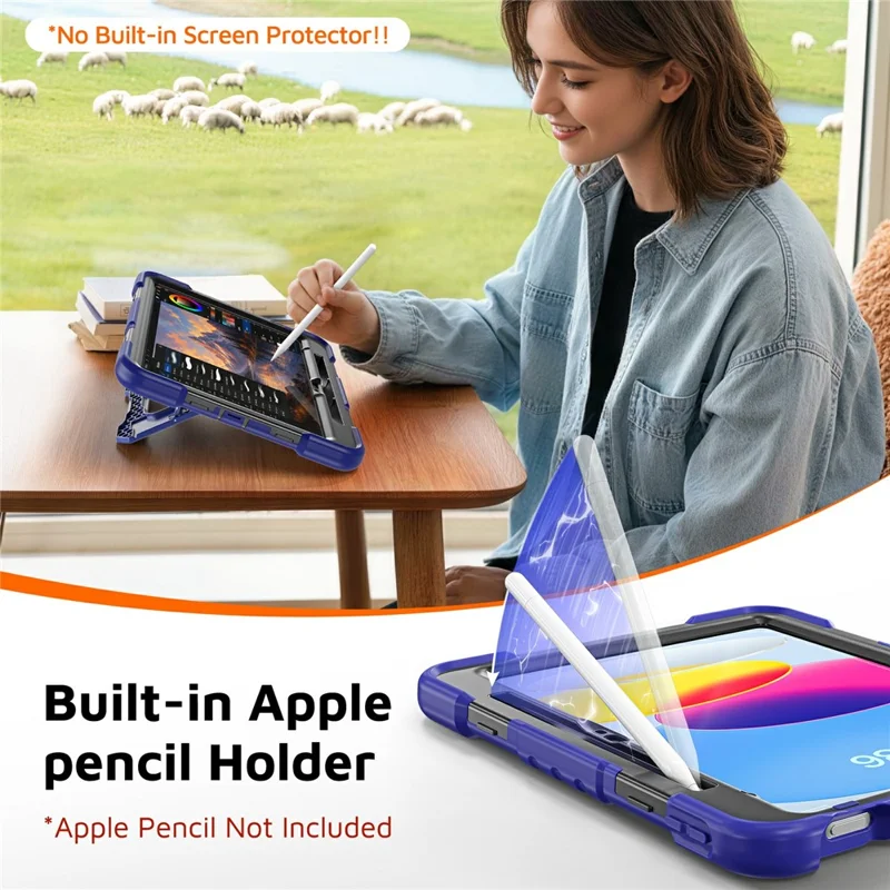 For iPad (2025) / iPad 10.9 (2022) Case Shockproof PC + TPU + Silicone Protective Cover with Shoulder Strap / Pen Holder - Navy Blue+Black